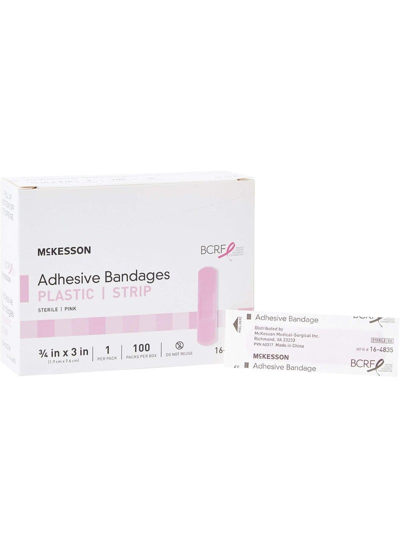 McKesson Adhesive Bandages, Sterile, Fabric Strip, Pink, 3/4 in x 3 in, 100 Count, 1 Pack