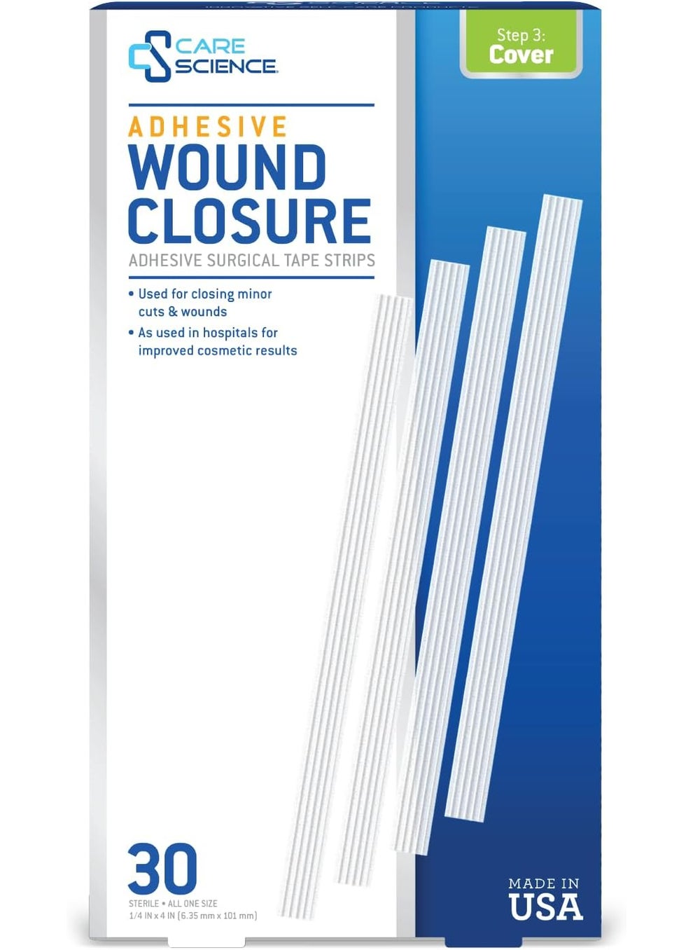 Care Science Adhesive Wound Closure Strips, 1/4 x 4 in, 30ct | Sterile Strips Used for Closing Minor cuts & Wounds