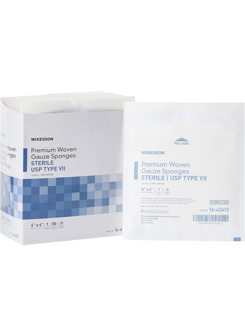McKesson Premium Woven Gauze Sponges, Sterile, 12-Ply, USP Type VII, 100% Cotton, 4 in x 4 in, 50 per Pack, 1 Pack