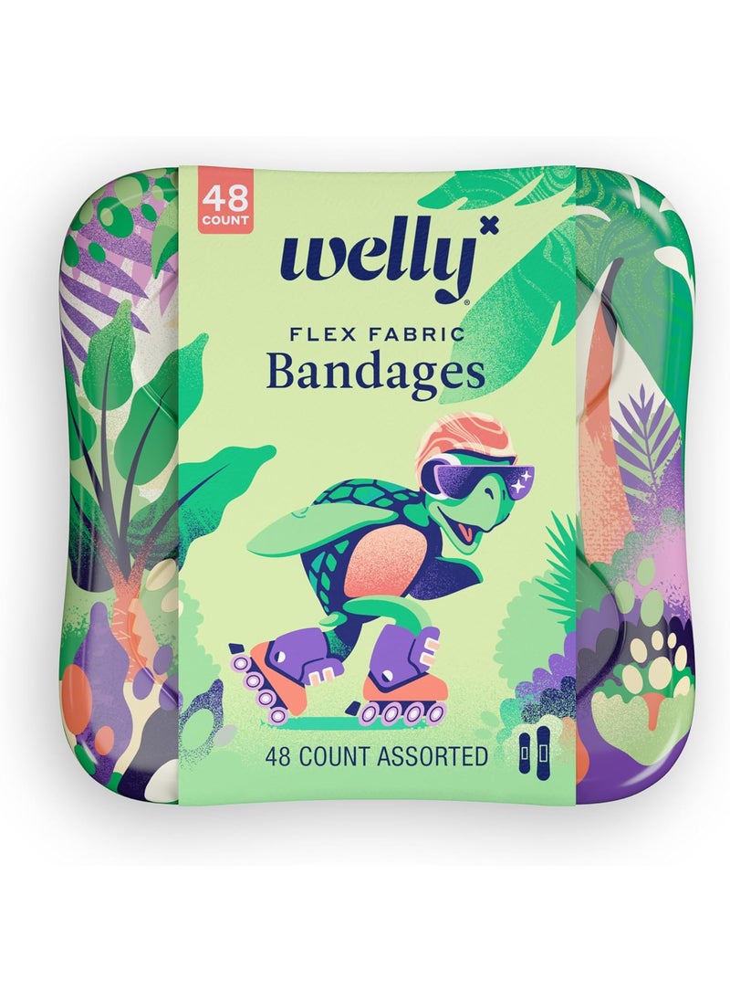 Welly Bandages | Adhesive Flexible Fabric Bravery Badges | Assorted Shapes for Minor Cuts, Scrapes, and Wounds | Colorful and Fun First Aid Tin | Turtle Oasis Patterns - 48 Count