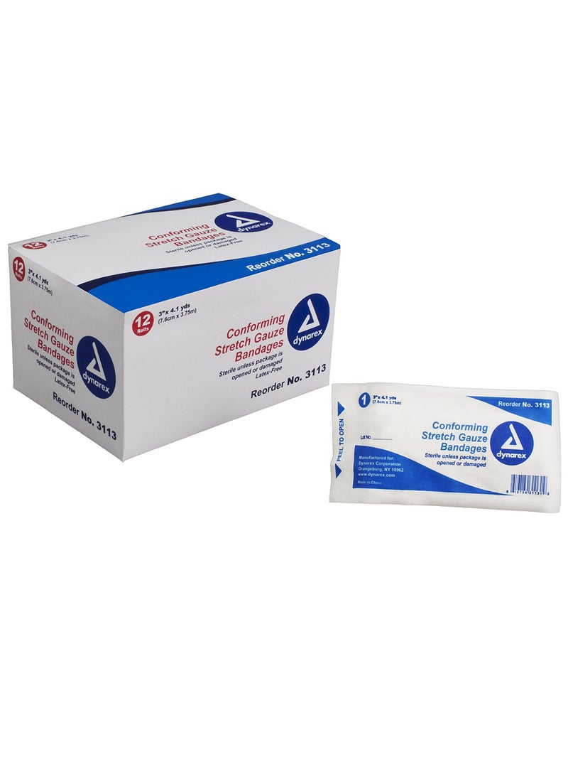 Dynarex Stretch Gauze Bandage Roll Sterile 3 Inches by 4 Yards - Box of 12 (1 Box)