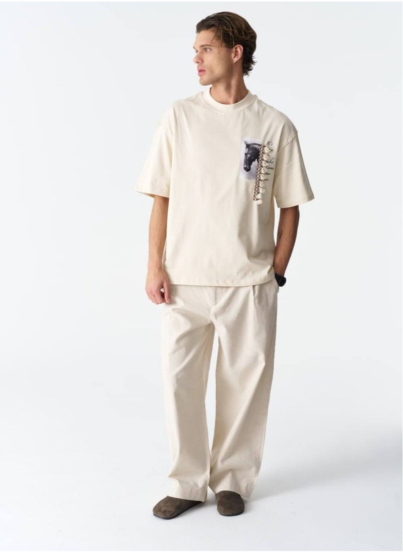 Beige Color Unisex Graphic T-Shirt with Horse Print & Tassel Accent