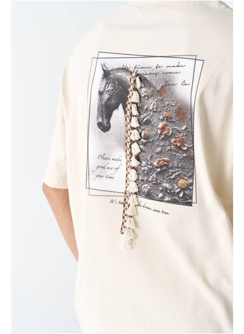 Beige Color Unisex Graphic T-Shirt with Horse Print & Tassel Accent