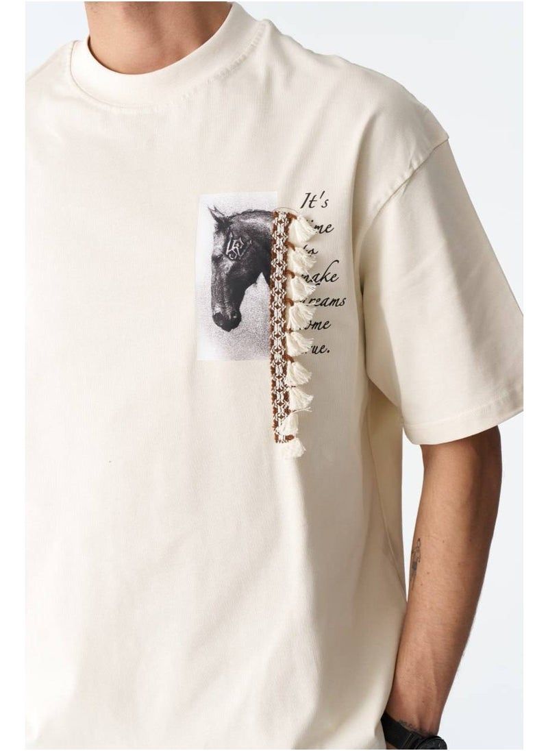 Beige Color Unisex Graphic T-Shirt with Horse Print & Tassel Accent