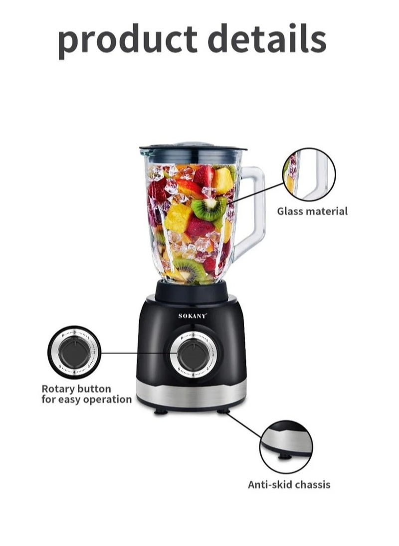 Sokany 3-In-1 Juicer Blender, 1.5 Litre, 1000W Multi-Function High Speed Blender Ice Crusher with Mixer Grinder and Chopper - Black (Model SK-JB-178)