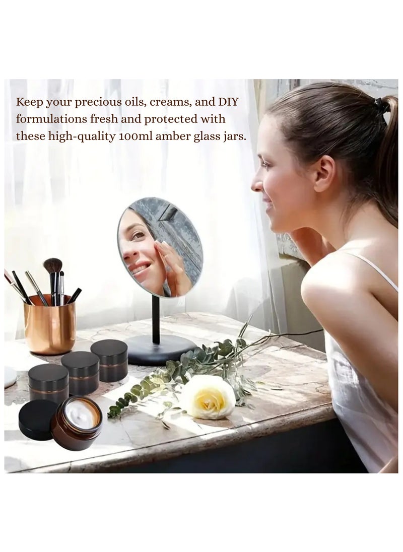 12-Pack 100ml Amber Glass Jars with Leak-Proof Black Lids & Labels – UV Protective Refillable Containers for Creams, Lotions, Essential Oils, Ointments, Skincare, Candles & DIY Beauty Storage