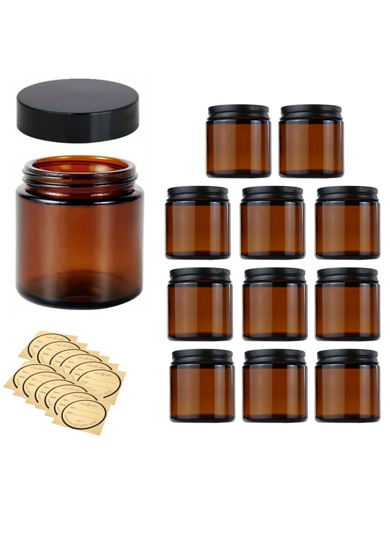 12-Pack 100ml Amber Glass Jars with Leak-Proof Black Lids & Labels – UV Protective Refillable Containers for Creams, Lotions, Essential Oils, Ointments, Skincare, Candles & DIY Beauty Storage