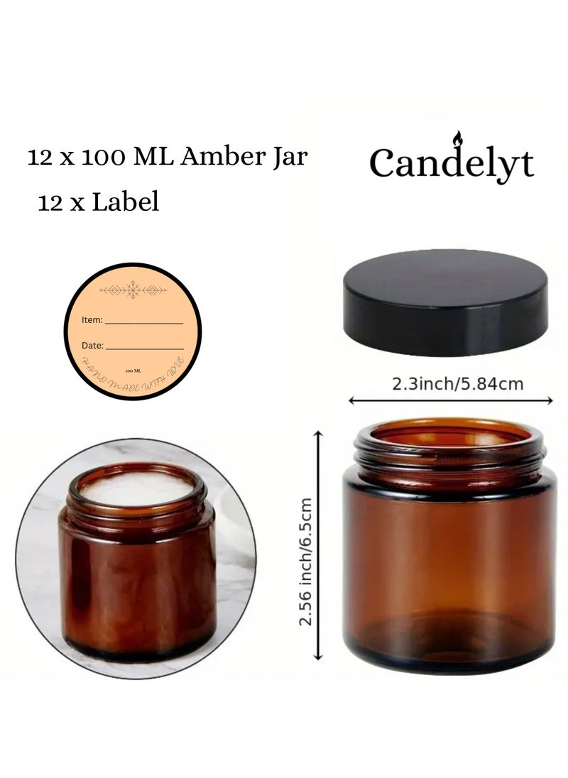 12-Pack 100ml Amber Glass Jars with Leak-Proof Black Lids & Labels – UV Protective Refillable Containers for Creams, Lotions, Essential Oils, Ointments, Skincare, Candles & DIY Beauty Storage