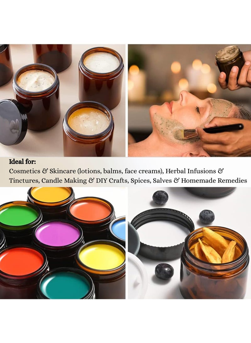 12-Pack 100ml Amber Glass Jars with Leak-Proof Black Lids & Labels – UV Protective Refillable Containers for Creams, Lotions, Essential Oils, Ointments, Skincare, Candles & DIY Beauty Storage