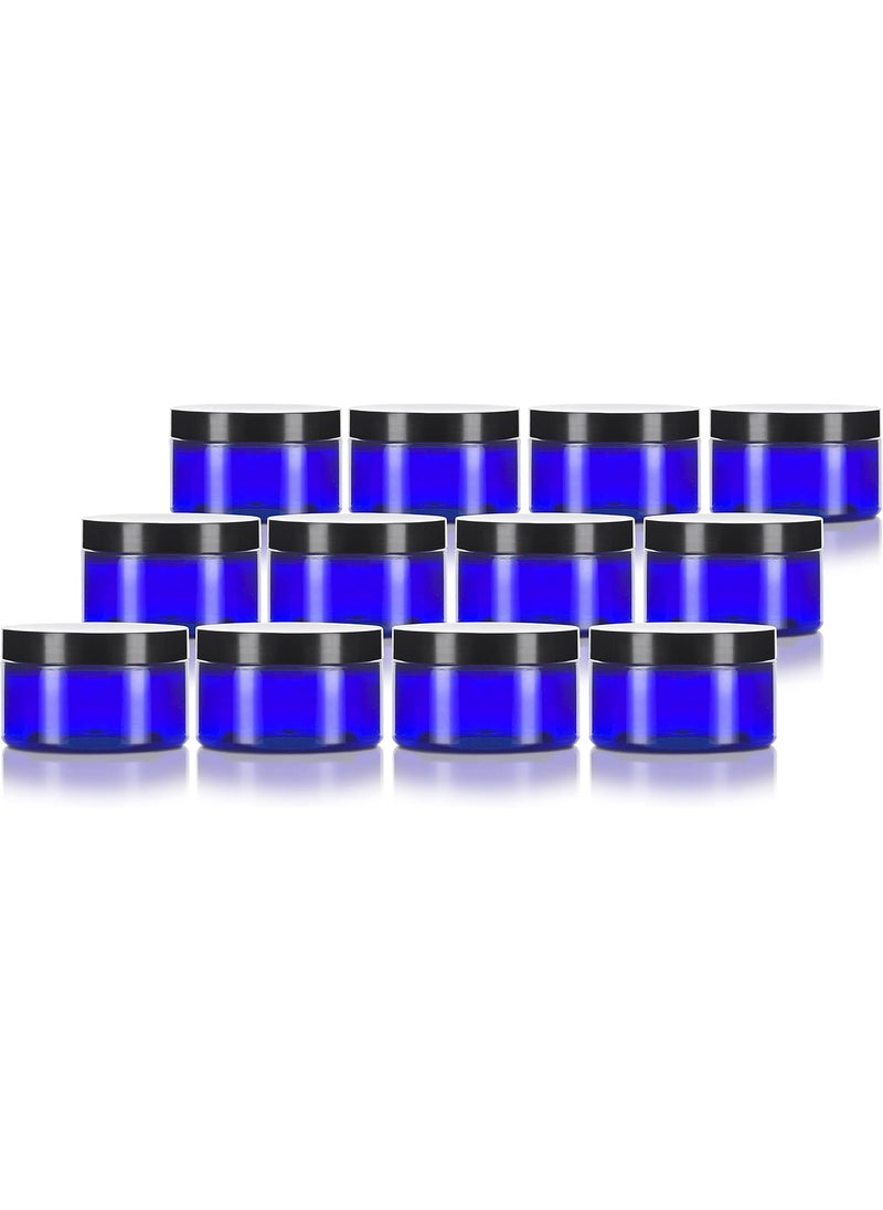 4 oz Cobalt Blue PET Plastic Low Profile Jar with Black Lids (12 pack) Refillable Empty Containers