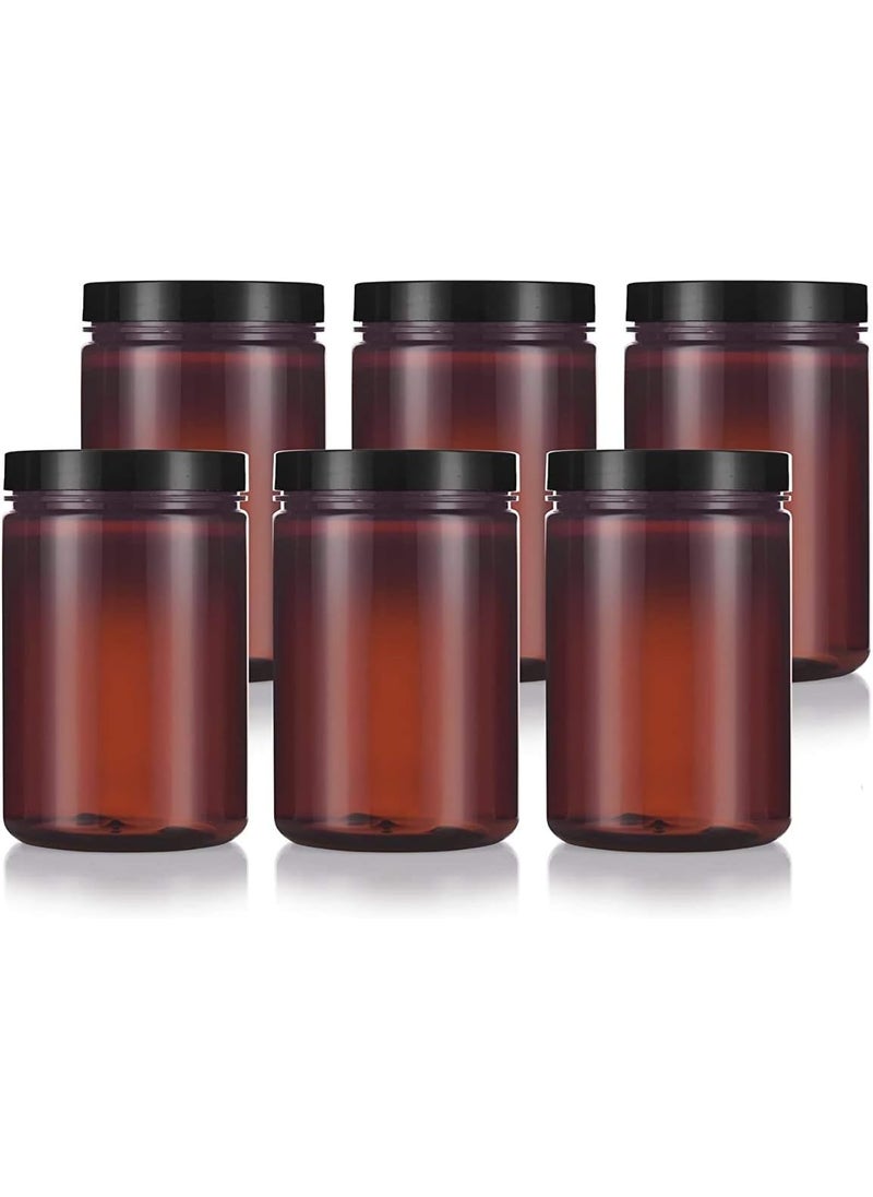 25 oz Large Amber PET Plastic (BPA Free) Refillable Empty Jar (6 pack, Black Smooth Foam Lined Lid)