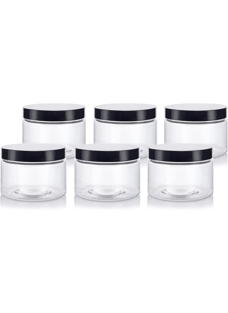 12 oz Clear PET Plastic Refillable Low Profile Jar with Black Smooth Lids (6 pack)