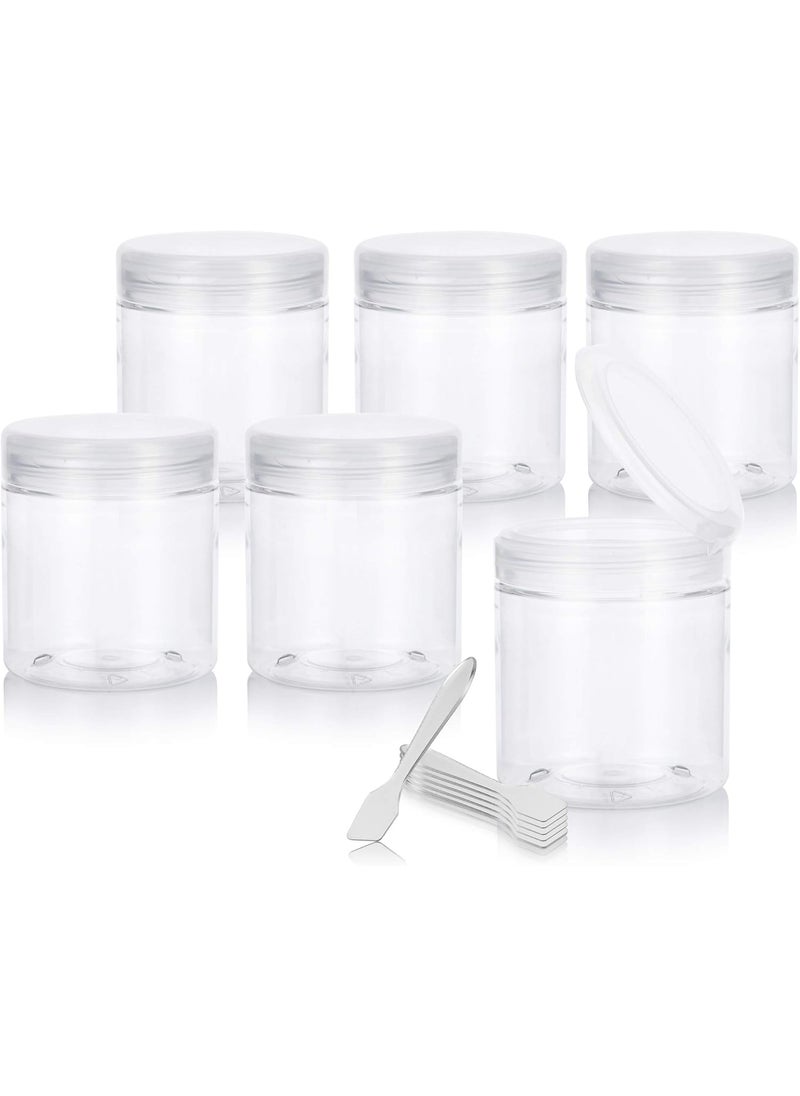 8 oz Clear PET Plastic Refillable Jar with Clear Natural Flip Top Cap (6 pack) + Spatulas