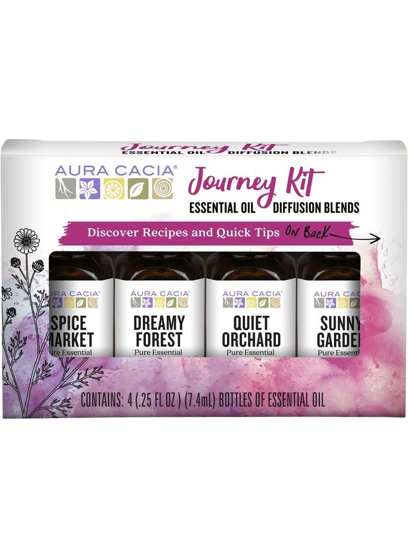 Aura Cacia Journey Essential Diffusion Oils Kit, 4-Pack, Spice Market, Dreamy Forest, Quiet Orchard & Sunny Garden Pure Oils
