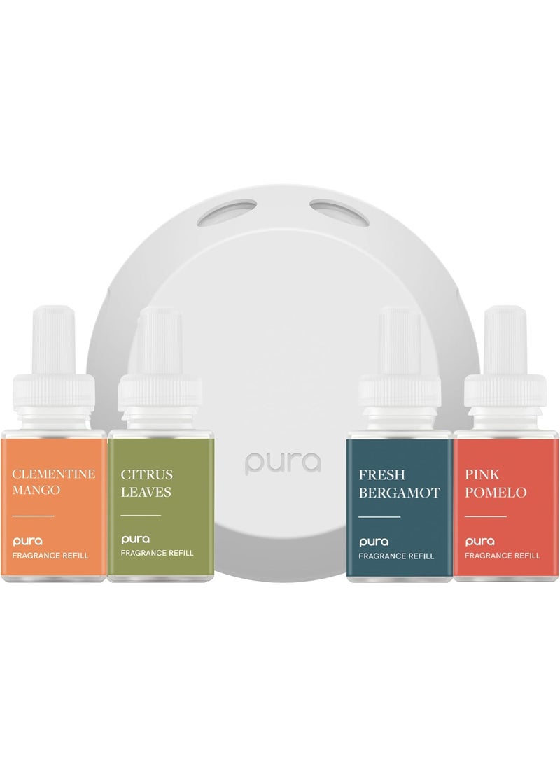 Pura 4 Smart Home Fragrance Device Starter Set - Scent Diffuser for Home - Air Deodorizer & Odor Eliminator - Clementine Mango, Fresh Bergamot, Citrus Leaves, Pink Pomelo