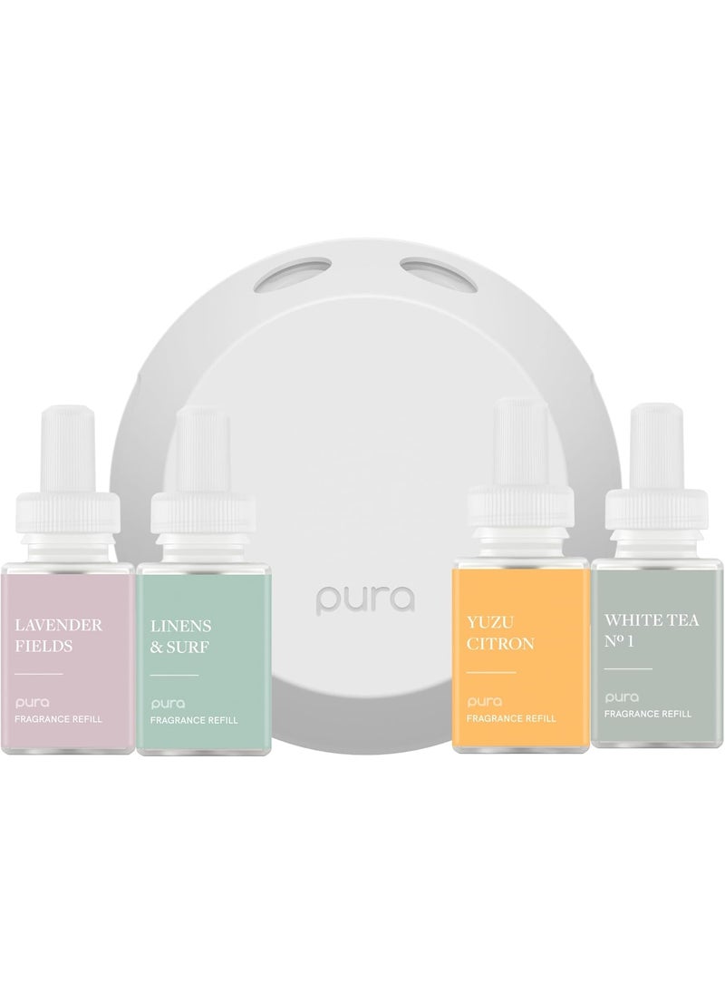 Pura 4 Smart Home Fragrance Device Starter Set - Scent Diffuser for Home - Air Deodorizer & Odor Eliminator - Linens & Surf, Lavender Fields, White Tea No. 1, Yuzu Citron Scent