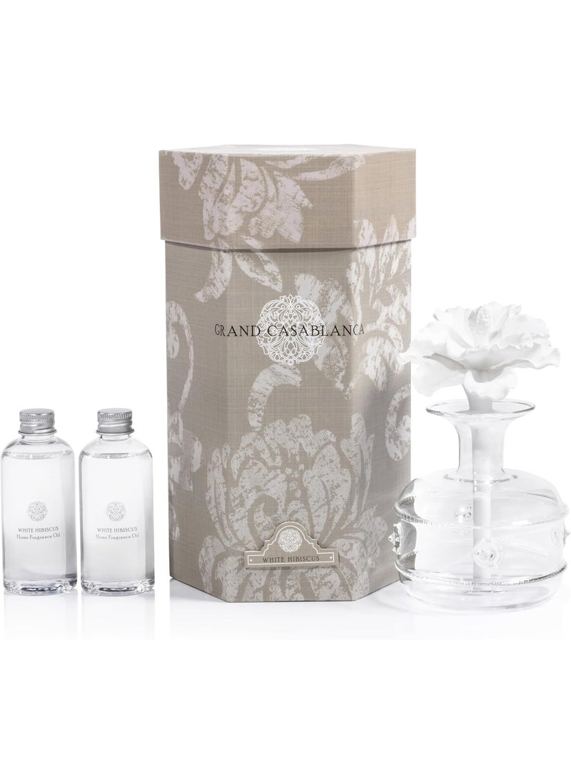 Zodax Grand Casablanca Porcelain Oil Diffuser - Home Fragrance Oil Diffuser Ideal for Living Room, Bathroom, Office - Flower Design - Gift Box Packaging Included - White Hibiscus - 6.76 Oz.