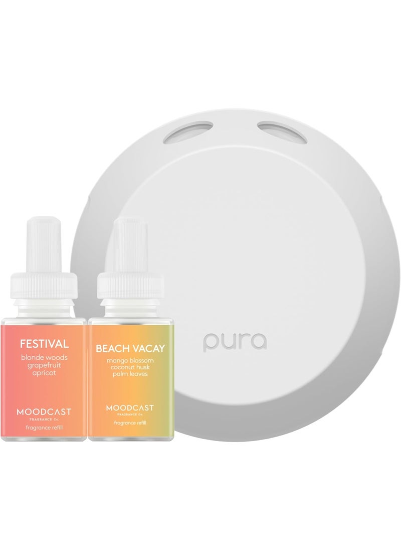 Pura Smart Home Fragrance Device Starter Set - Pura 4 - Scent Diffuser for Home - Includes Fragrance Aroma Diffuser - Square Box, Festival and Beach Vacay Scent Refills