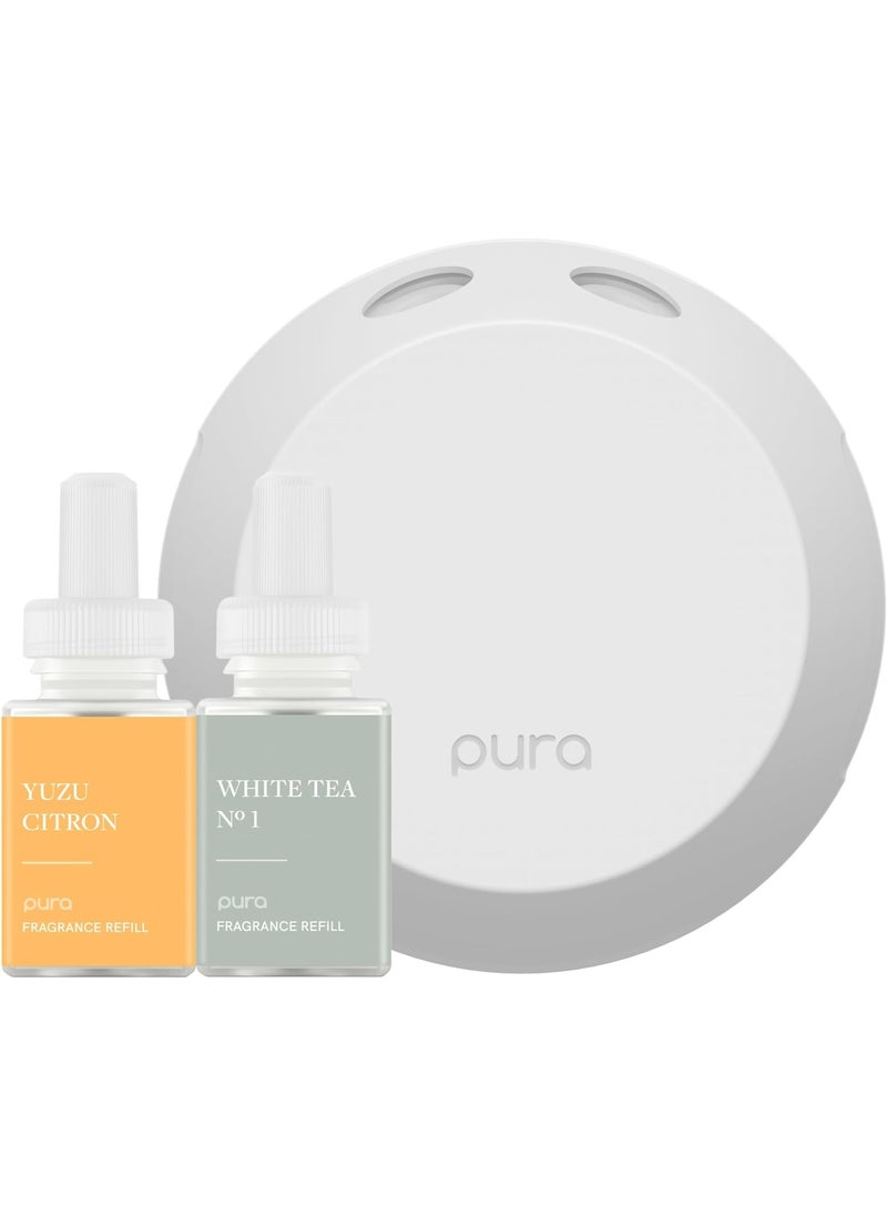 Pura - Smart Home Fragrance Device Starter Set - Pura 4 - Scent Diffuser for Home - Includes Fragrance Aroma Diffuser - Square Box, Yuzu Citron and White Tea No. 1 Scent Refills