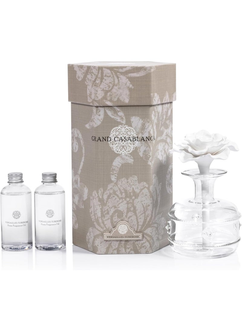 Zodax Grand Casablanca Porcelain Oil Diffuser - Home Fragrance Oil Diffuser Ideal for Living Room, Bathroom, Office - Flower Design - Gift Box Packaging Included - Versailles Tuberose - 6.76 Oz.