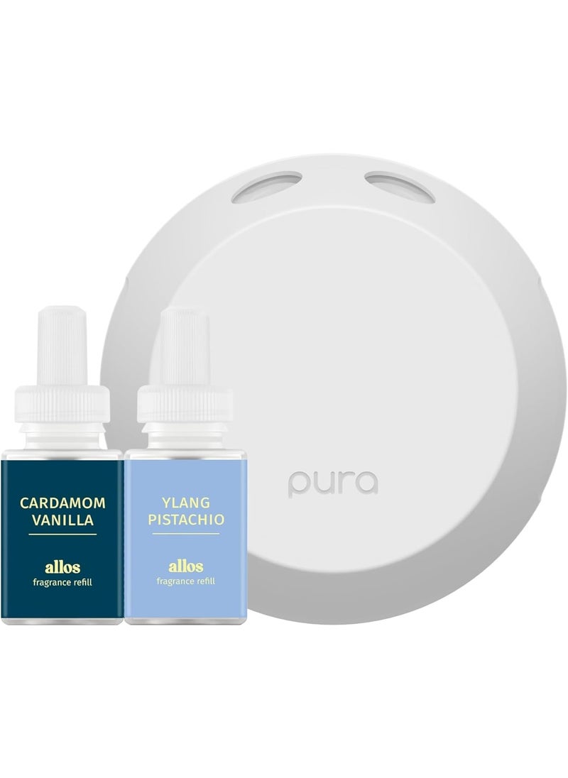 Pura Smart Home Fragrance Device Starter Set - Pura 4 - Scent Diffuser for Home - Includes Fragrance Aroma Diffuser - Square Box, Cardamon Vanilla and Ylang Pistachio Scent Refills