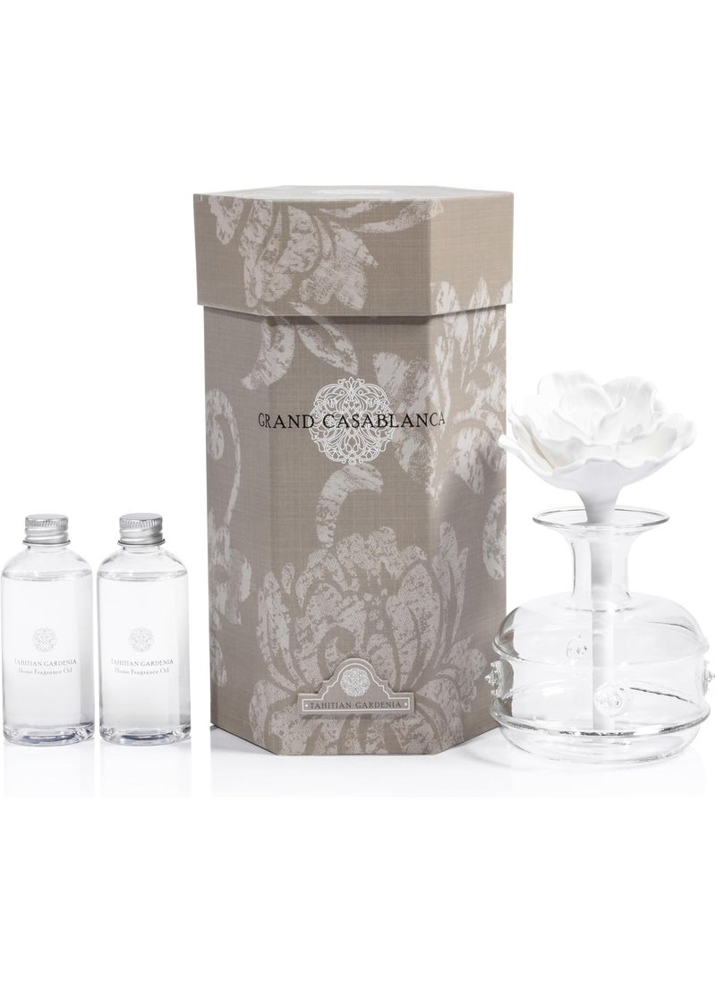 Zodax Grand Casablanca Porcelain Oil Diffuser - Home Fragrance Oil Diffuser Ideal for Living Room, Bathroom, Office - Flower Design - Gift Box Packaging Included - Tahitian Gardenia - 6.76 Oz.