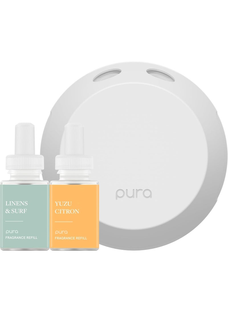 Pura - Smart Home Fragrance Device Starter Set - Pura 4 - Scent Diffuser for Home - Includes Fragrance Aroma Diffuser - Square Box, Linens & Surf and Yuzu Citron Scent Refills