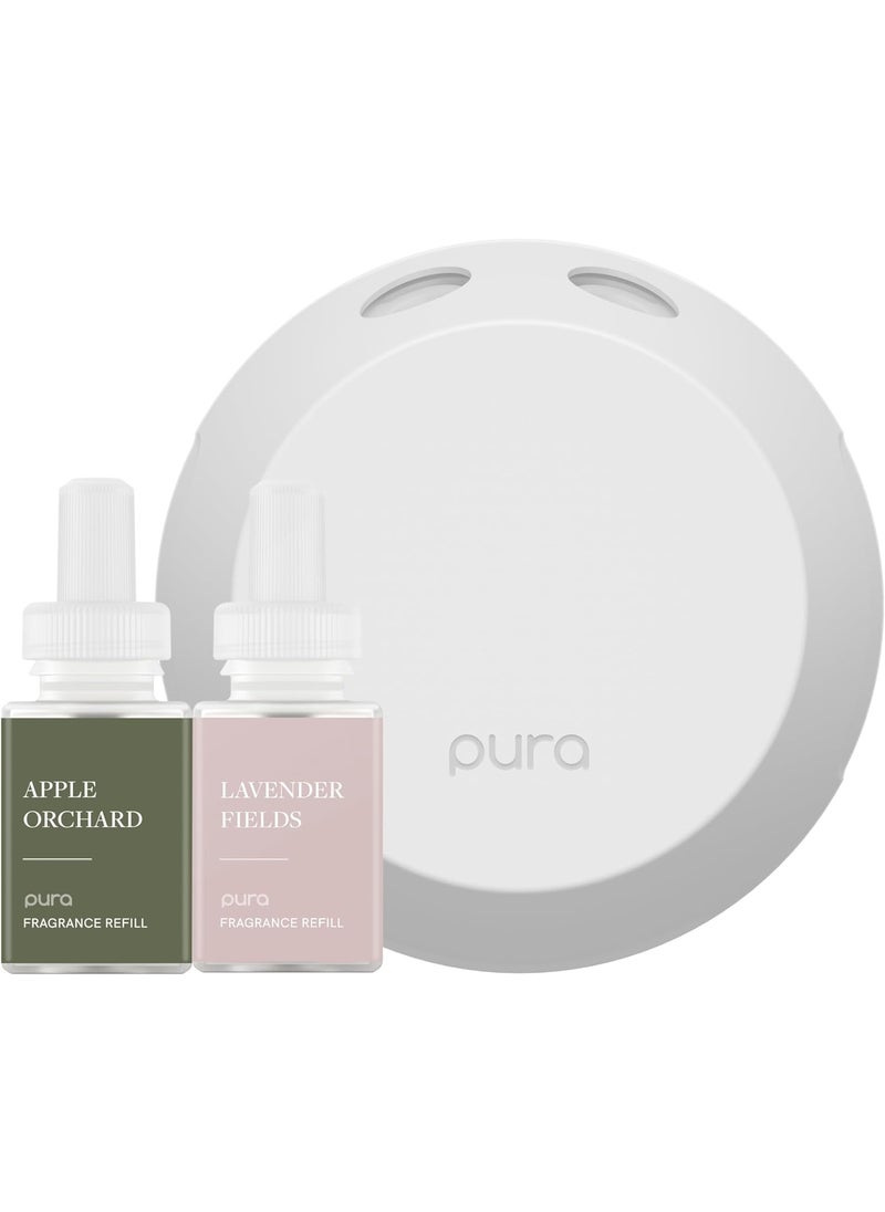 Pura - Smart Home Fragrance Device Starter Set - Pura 4 - Scent Diffuser for Home - Includes Fragrance Aroma Diffuser - Square Box, Apple Orchards and Lavender Fields Scent Refills
