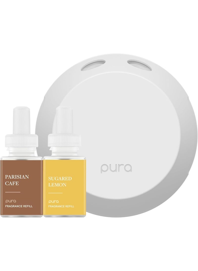 Pura - Smart Home Fragrance Device Starter Set - Pura 4 - Scent Diffuser for Home - Includes Fragrance Aroma Diffuser - Square Box, Parisian Cafe and Sugared Lemon Scent Refills