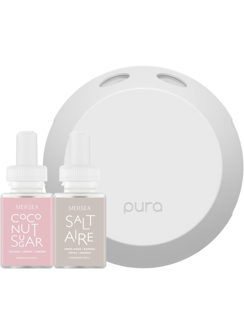Pura Smart Home Fragrance Device Starter Set - Pura 4 - Scent Diffuser for Home - Includes Fragrance Aroma Diffuser - Square Box, Saltaire and Coconut Sugar Scent Refills