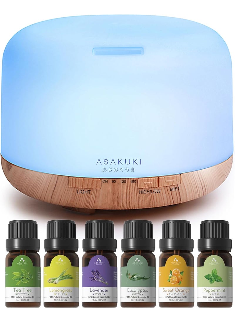 ASAKUKI Oil Diffuser with Essential Oils Set, 500ml Aromatherapy Humidifier with 14 LED Colors & Auto Shut-Off - 6 Oil Gift Pack(Lavender Eucalyptus Tea Tree Orange Peppermint Lemongrass)