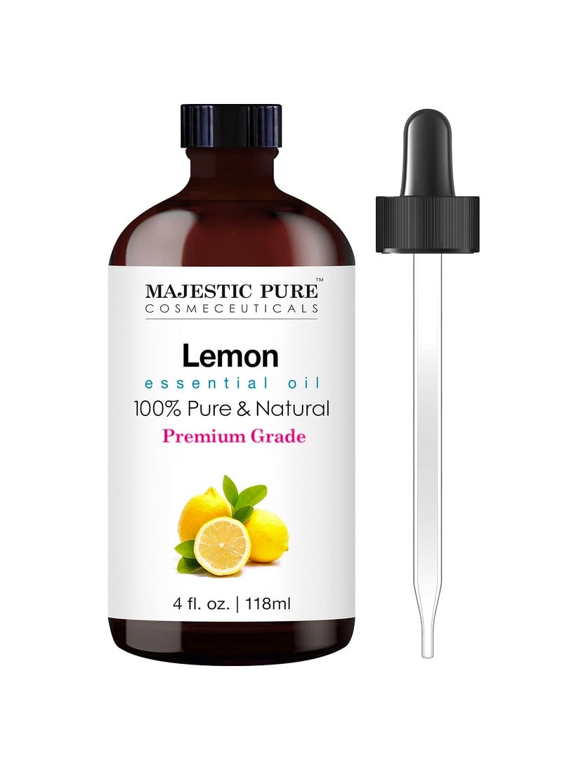 Majestic Pure Lemon Essential Oil with Glass Dropper | 100% Pure and Natural Lemon Oil | Premium Grade Essential Oils for Diffusers, Skin, Aromatherapy, Massage | 4 Fl Oz