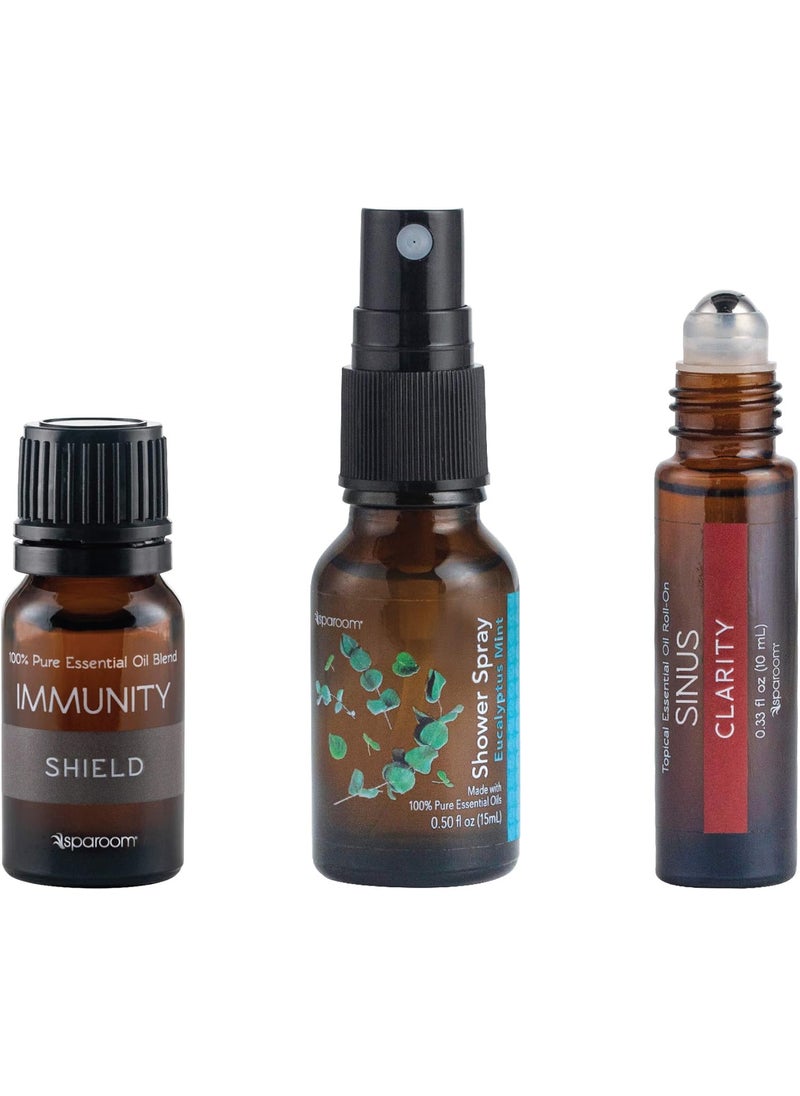 SpaRoom Immunity Travel Kit, Immunity Essential Oil Blend, Eucalyptus Mint Shower Spray, Sinus Topical Roll-on