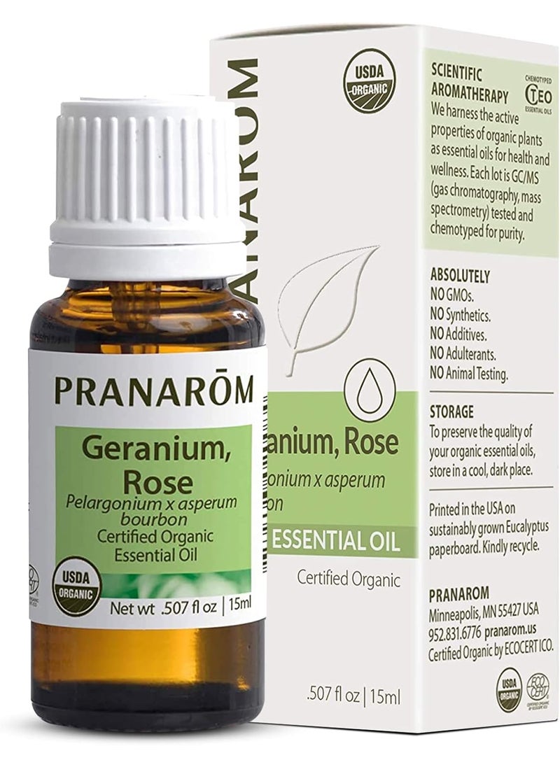 Pranarom USDA Certified Organic Rose Geranium Essential Oil (15ml), 100% Pure Undiluted Therapeutic Grade from Madagascar for Aromatherapy, Diffuser, Skincare, Relaxation, Pure Rose Scent