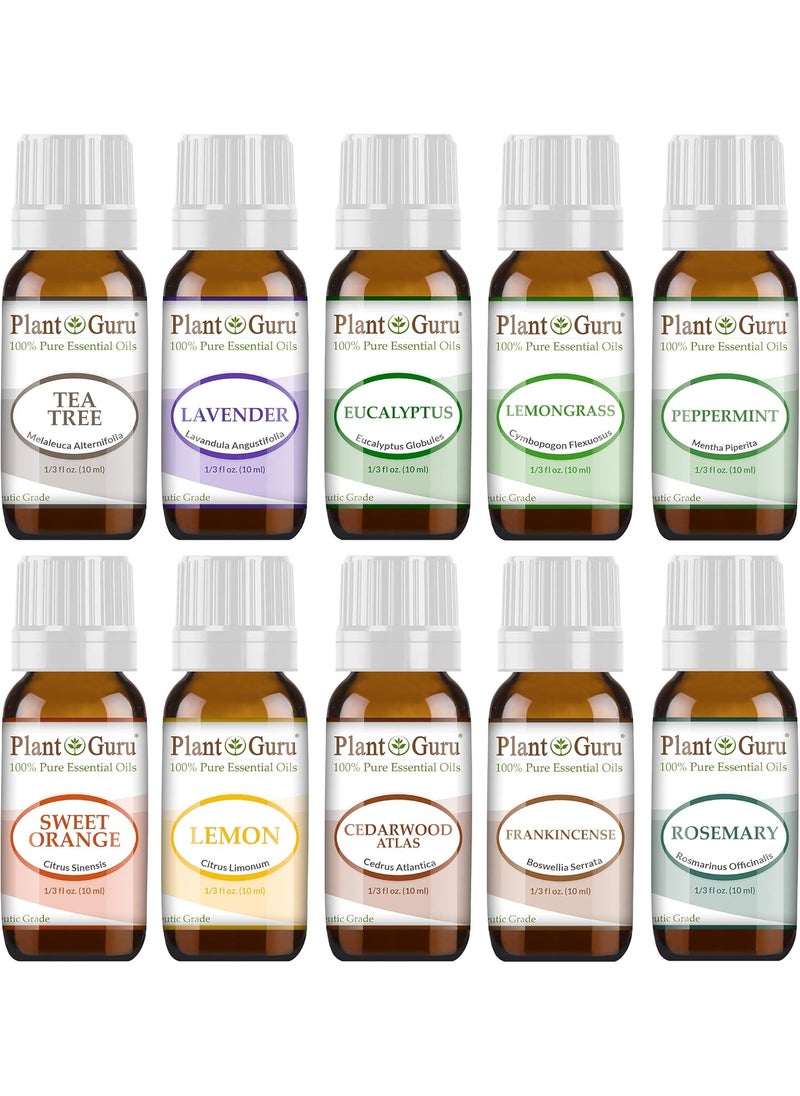 Essential Oil Set 10-10 ml. Therapeutic Grade 100% Pure Cedarwood, Eucalyptus, Frankincense, Lavender, Lemon, Lemongrass, Sweet Orange, Peppermint, Rosemary, Tea Tree for Skin, Body, Hair, Diffuser