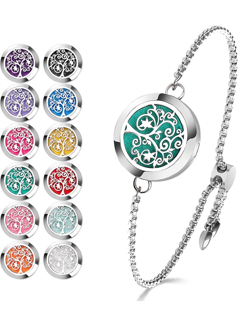 ttstar Essential Oil Diffuser Bracelet Stainless Steel Aromatherapy Locket Adjustable Diffuser Bracelet with 24pcs Refill Pads in 12 Colors Gift Set for Women Girls Mother's Day Christma(Tree of Hope)