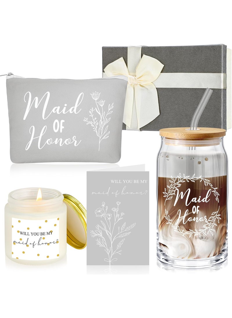Inbagi Maid of Honor Gifts Box Set of 5 Includes Glass Cup with Lid and Straw Makeup Bag Sage Scented Candle Wedding Invitation Cards Proposal Gifts for Bridal Party Favors (Gray)