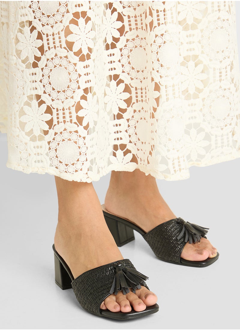 Rafia Tassel Detail Block Heel Sandal