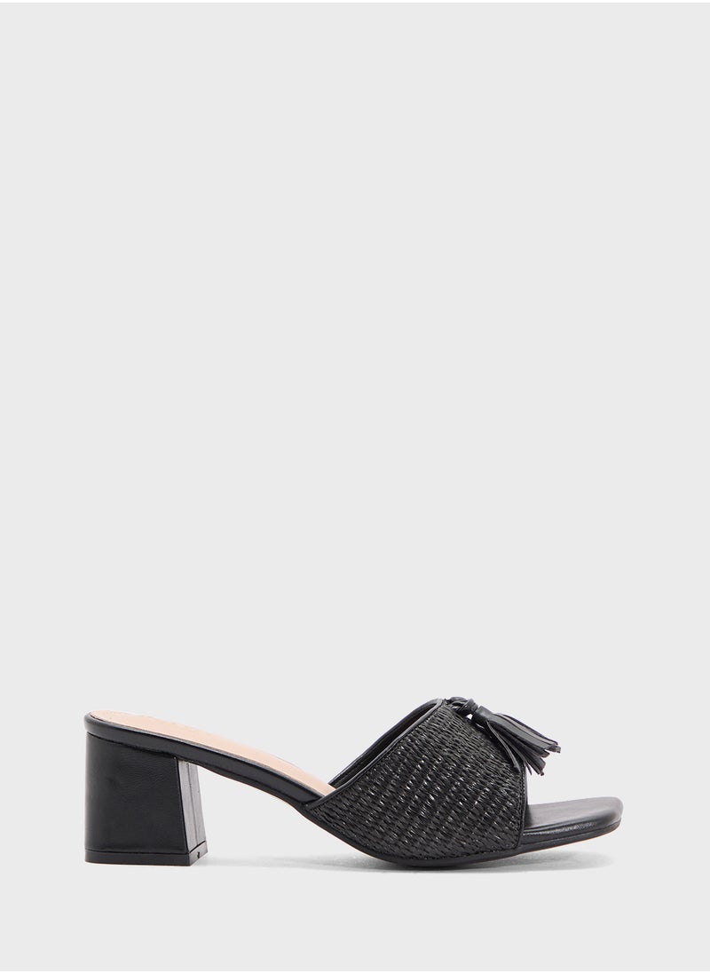Rafia Tassel Detail Block Heel Sandal