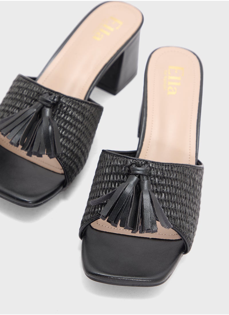 Rafia Tassel Detail Block Heel Sandal