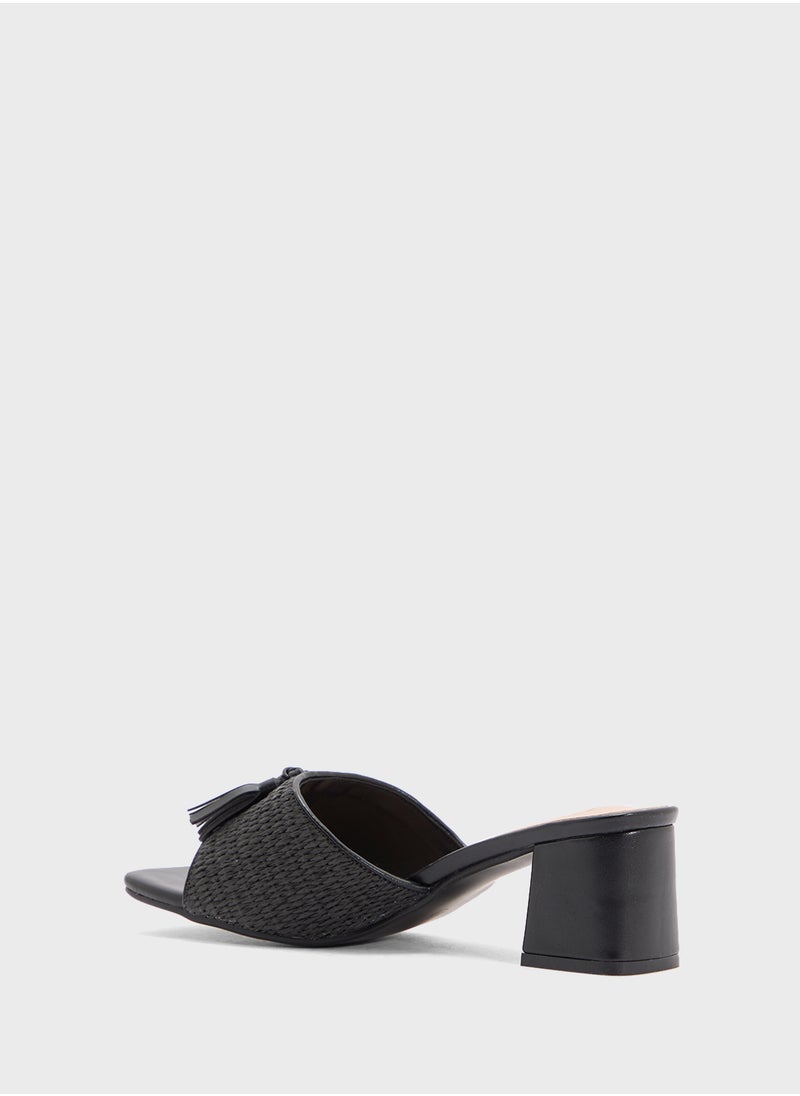 Rafia Tassel Detail Block Heel Sandal