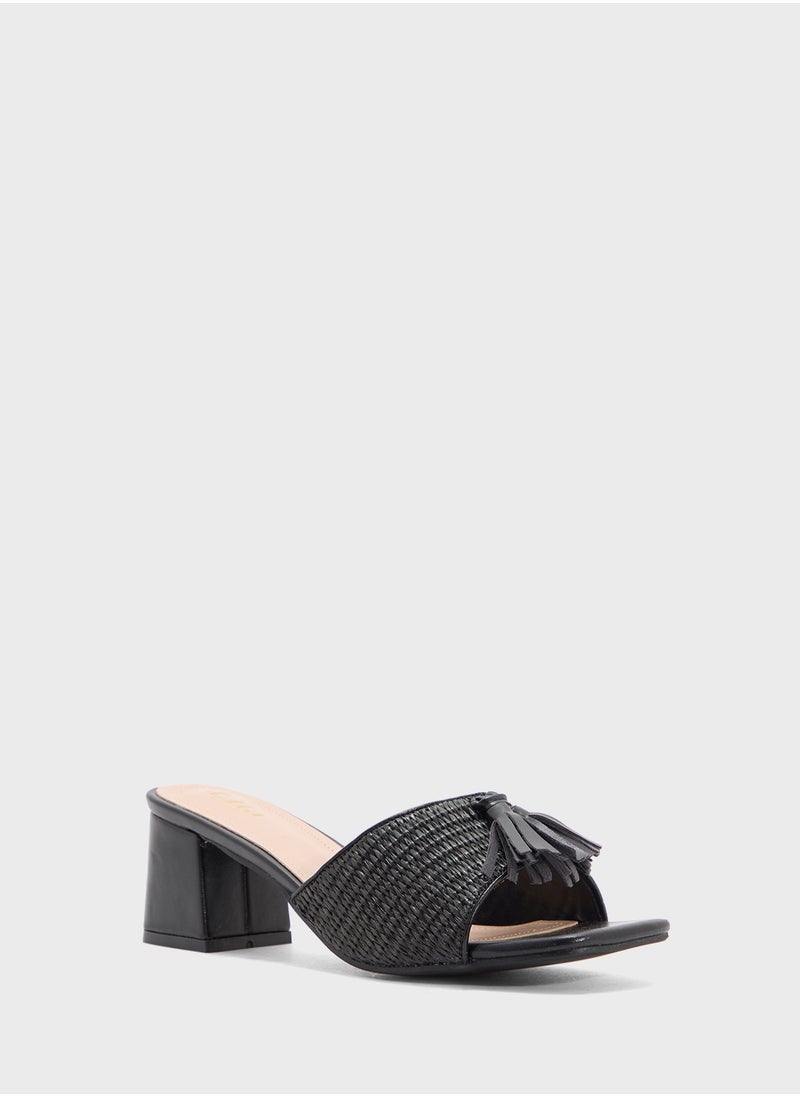 Rafia Tassel Detail Block Heel Sandal