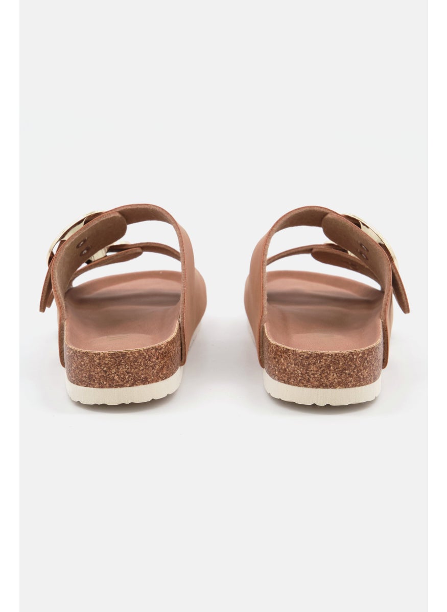 Women Big Buckle Slip On Slide Sandals, Tan