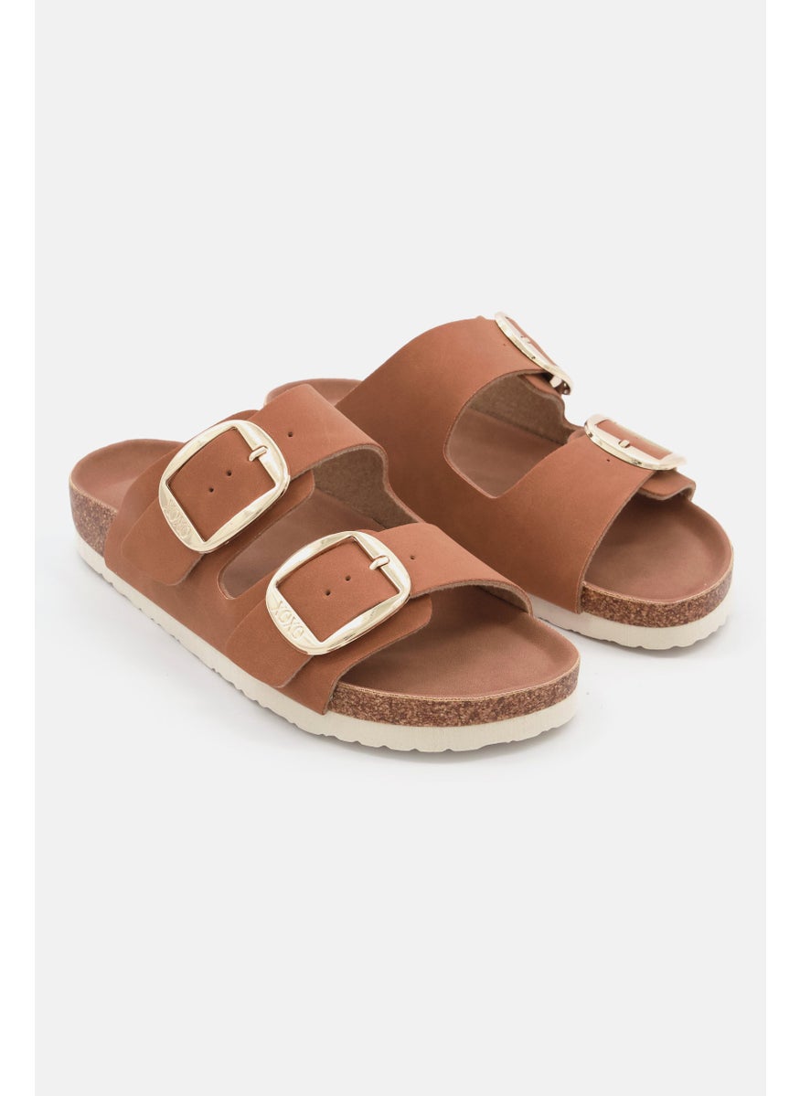 Women Big Buckle Slip On Slide Sandals, Tan