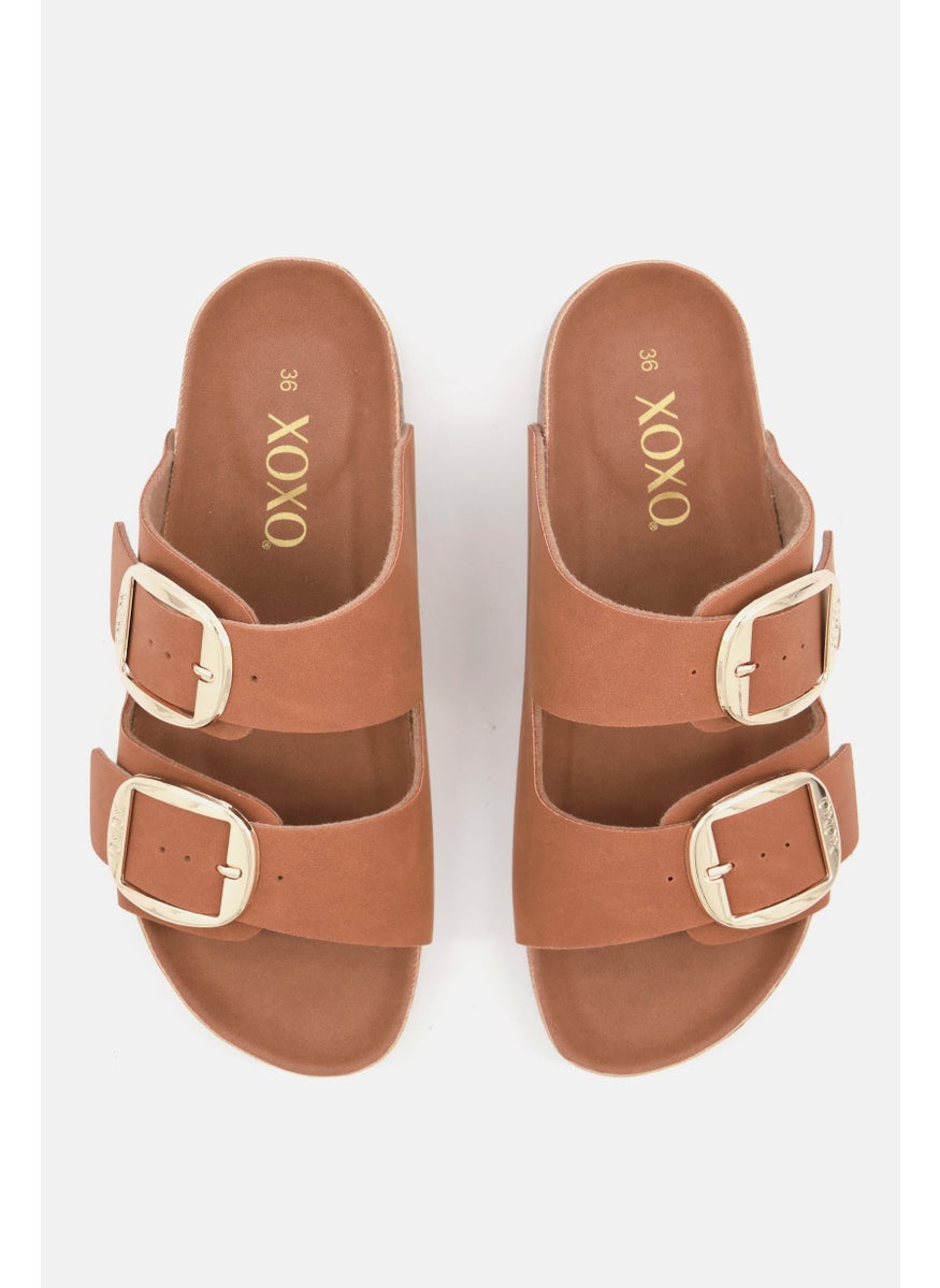 Women Big Buckle Slip On Slide Sandals, Tan