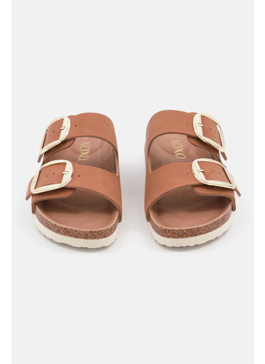 Women Big Buckle Slip On Slide Sandals, Tan