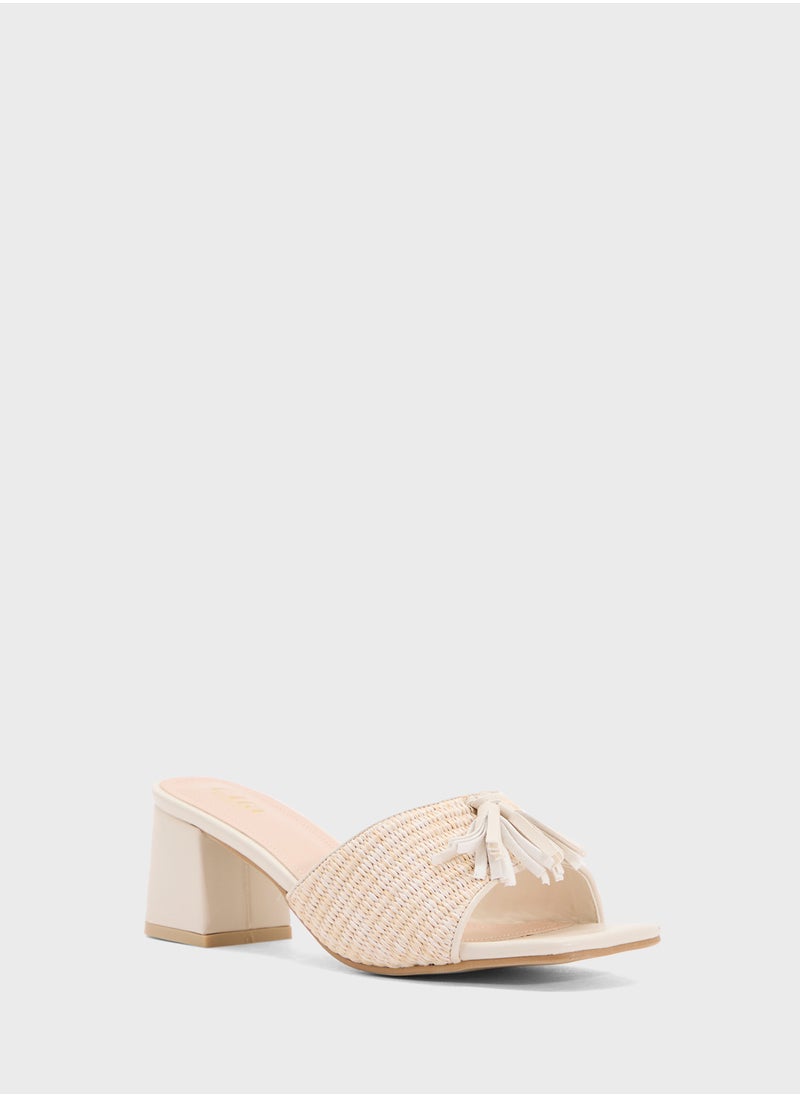 Rafia Tassel Detail Block Heel Sandal