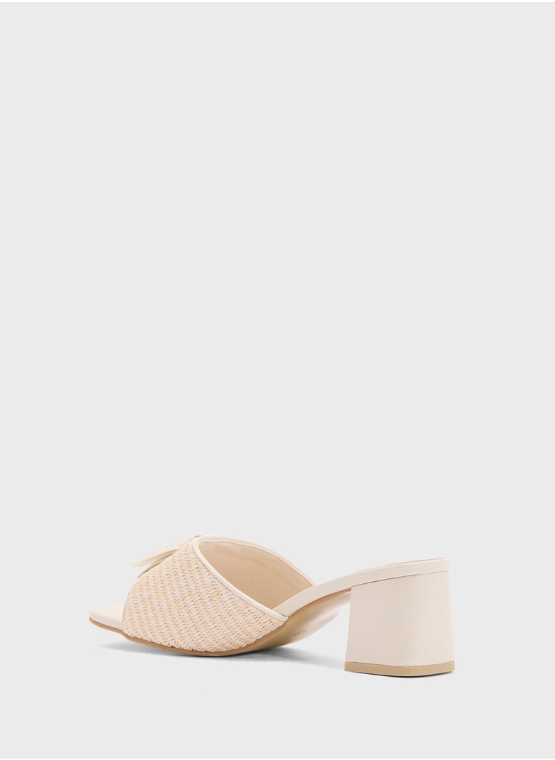 Rafia Tassel Detail Block Heel Sandal