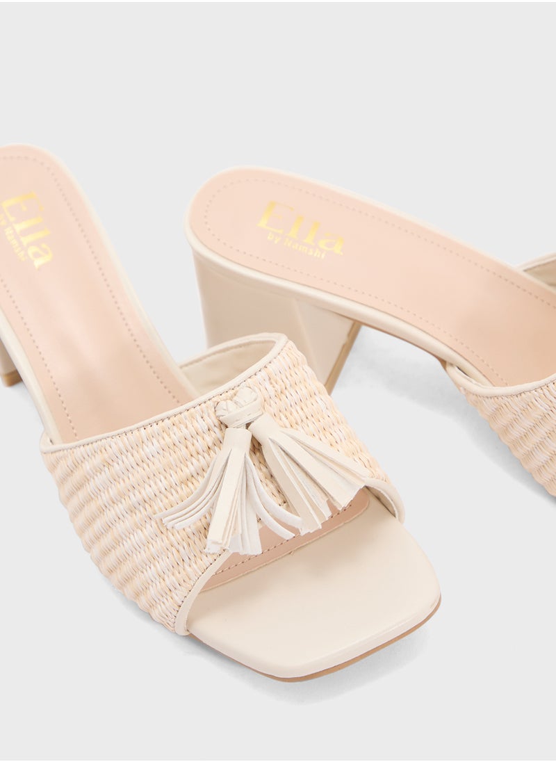 Rafia Tassel Detail Block Heel Sandal
