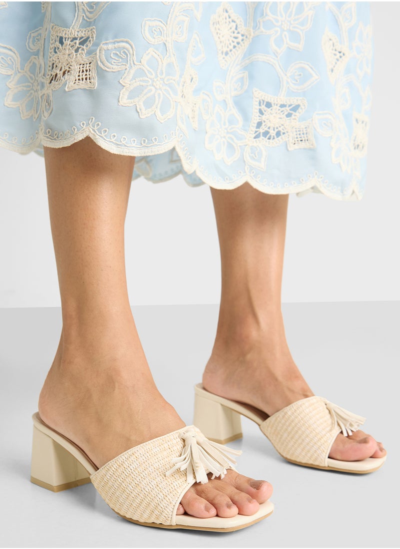 Rafia Tassel Detail Block Heel Sandal
